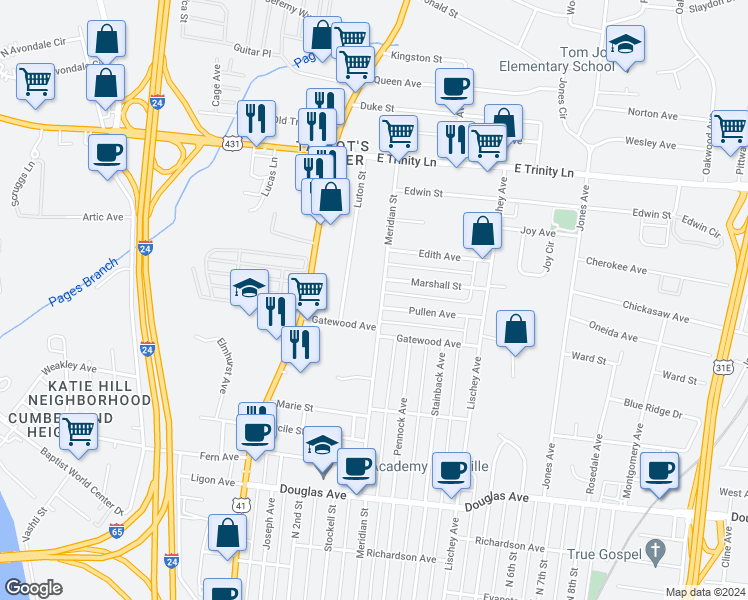 map of restaurants, bars, coffee shops, grocery stores, and more near 1512 Meridian Street in Nashville