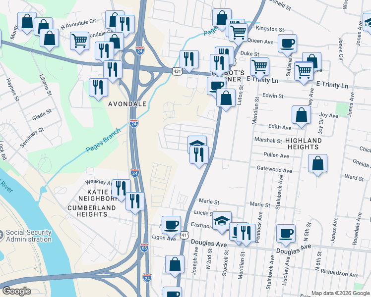 map of restaurants, bars, coffee shops, grocery stores, and more near 1508 Dickerson Pike in Nashville
