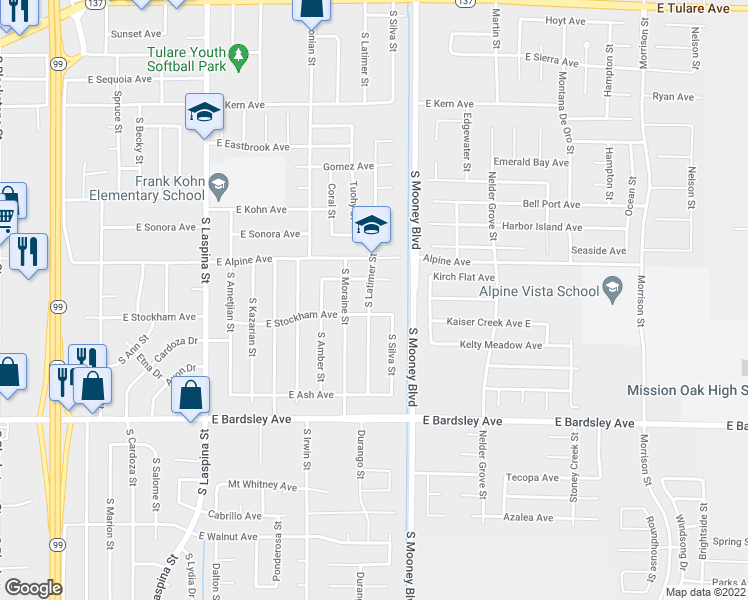 map of restaurants, bars, coffee shops, grocery stores, and more near 746 South Latimer Street in Tulare
