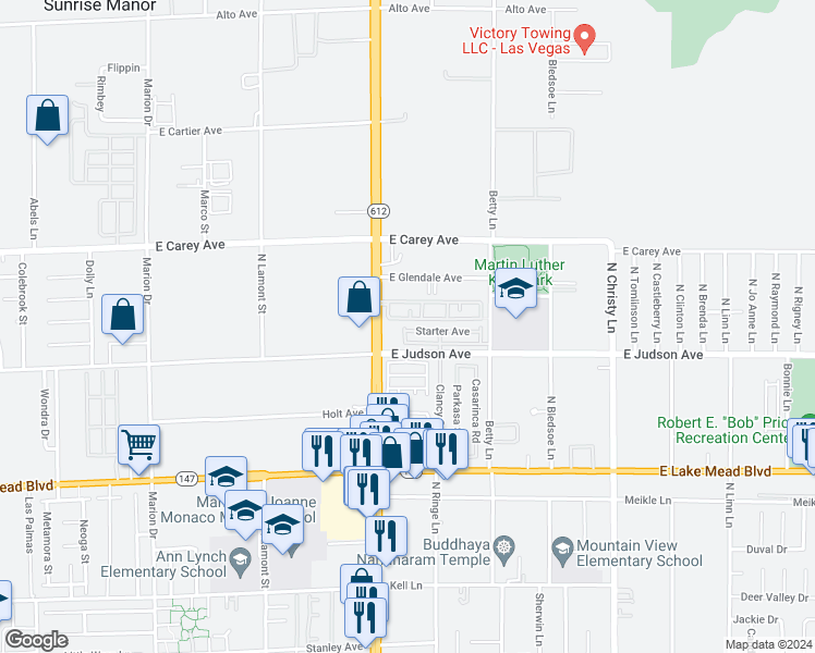 map of restaurants, bars, coffee shops, grocery stores, and more near 5150 Starter Avenue in Las Vegas