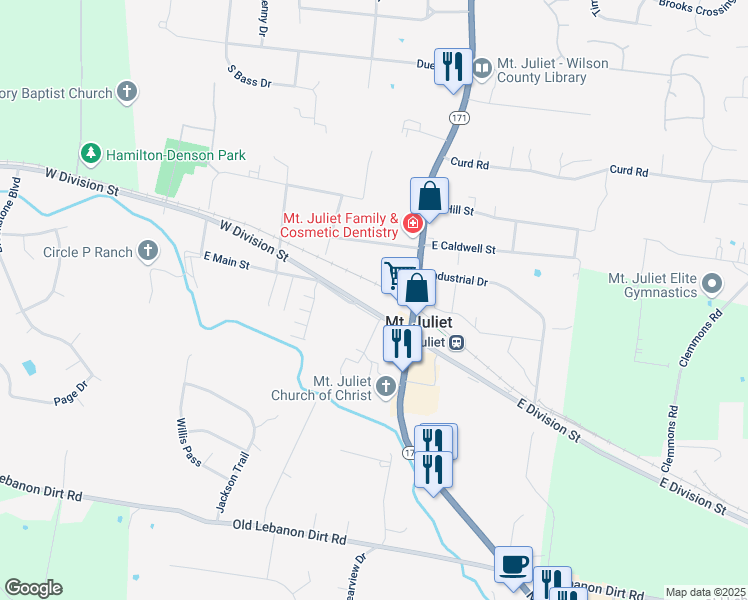 map of restaurants, bars, coffee shops, grocery stores, and more near 46 West Division Street in Mt. Juliet