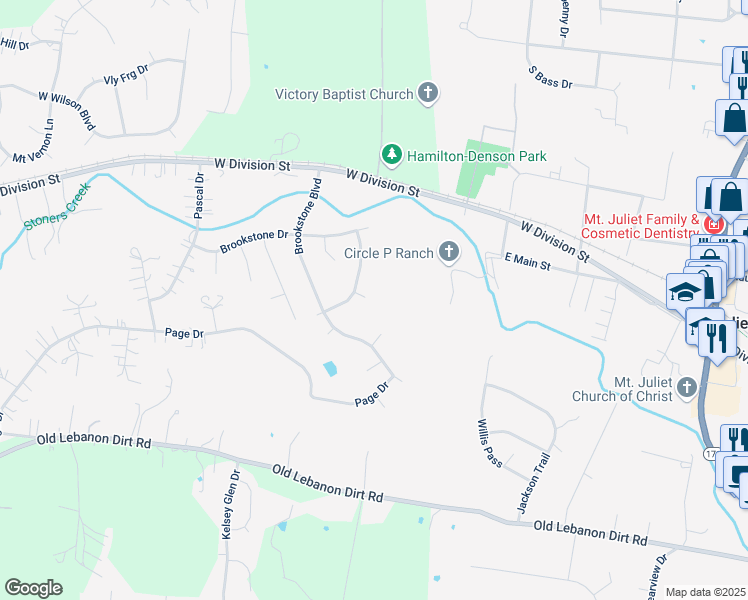 map of restaurants, bars, coffee shops, grocery stores, and more near 1804 Brookvalley Place in Mount Juliet