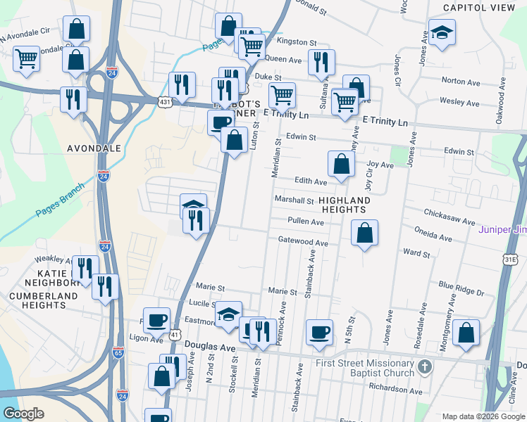 map of restaurants, bars, coffee shops, grocery stores, and more near 1525 Luton Street in Nashville