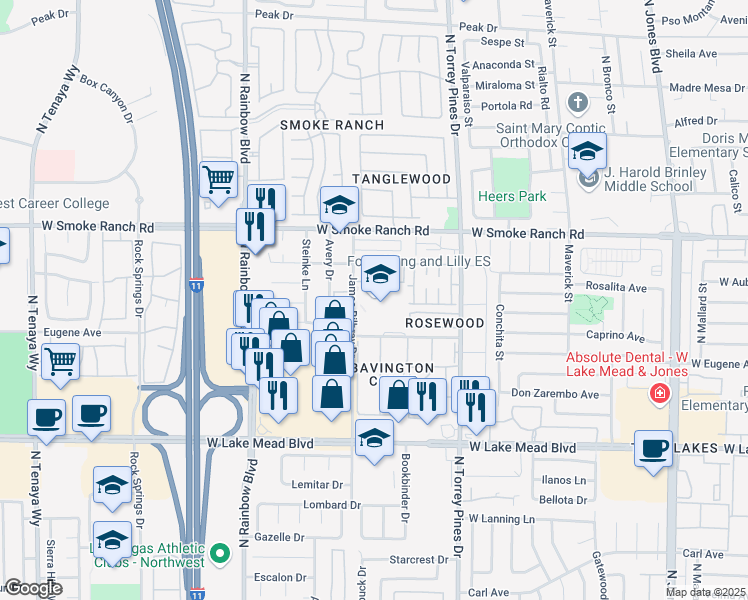 map of restaurants, bars, coffee shops, grocery stores, and more near 2200 James Bilbray Drive in Las Vegas