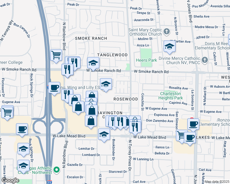 map of restaurants, bars, coffee shops, grocery stores, and more near 2204 Short Pine Drive in Las Vegas