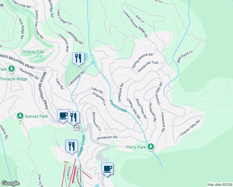 map of restaurants, bars, coffee shops, grocery stores, and more near 123 Shagbark Road in Beech Mountain