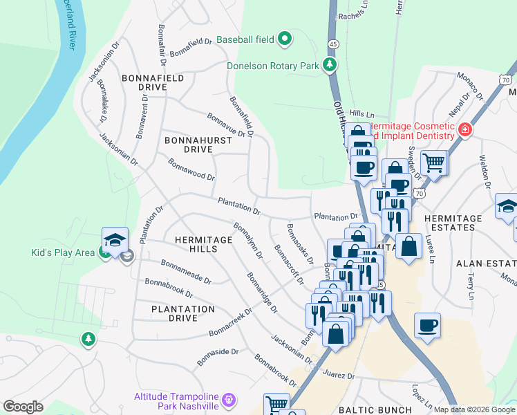 map of restaurants, bars, coffee shops, grocery stores, and more near 3932 Plantation Drive in Nashville