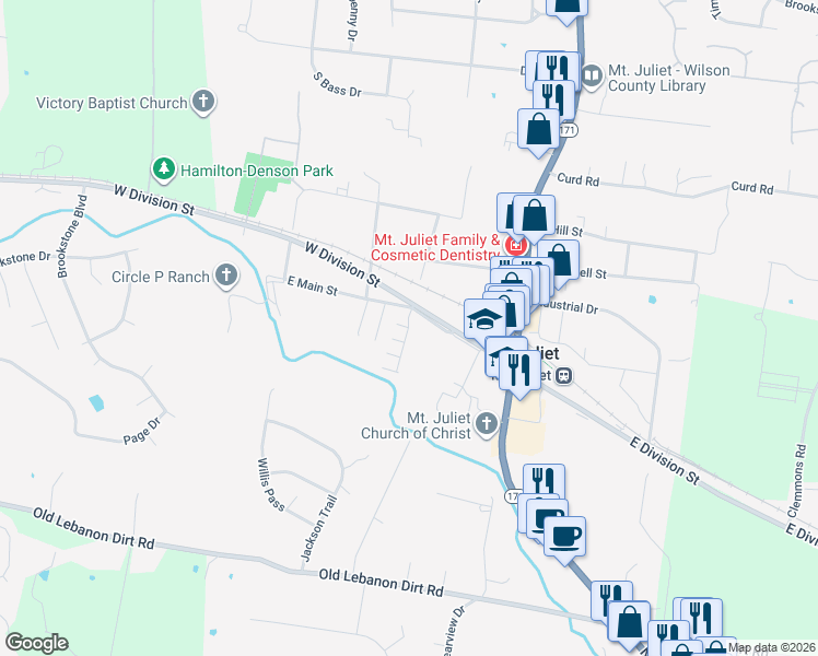 map of restaurants, bars, coffee shops, grocery stores, and more near 105 Hickory Station Lane in Mt. Juliet