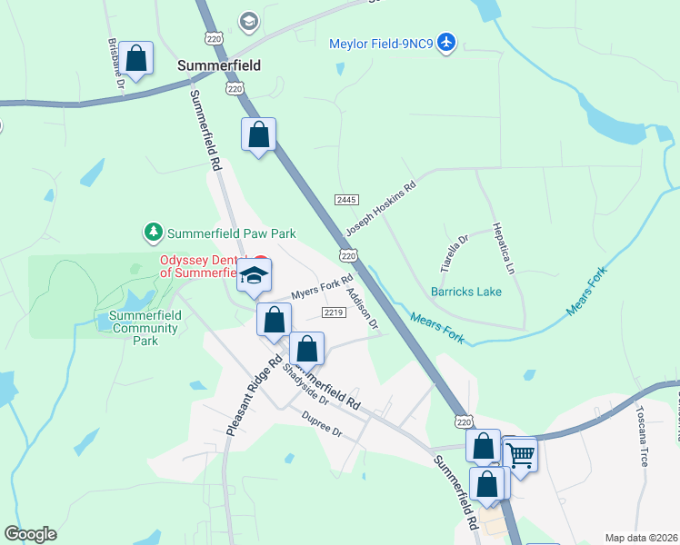map of restaurants, bars, coffee shops, grocery stores, and more near 5002 Myers Fork Road in Summerfield
