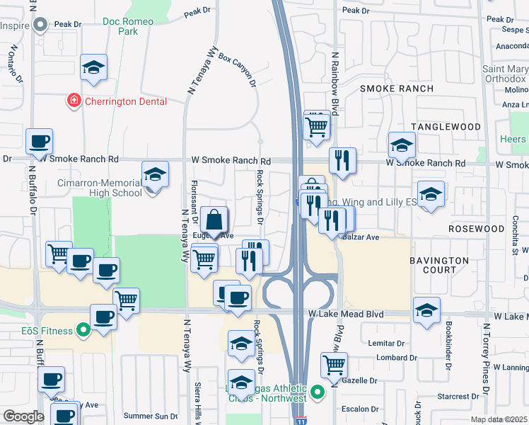 map of restaurants, bars, coffee shops, grocery stores, and more near 2 Rock Springs Drive in Las Vegas
