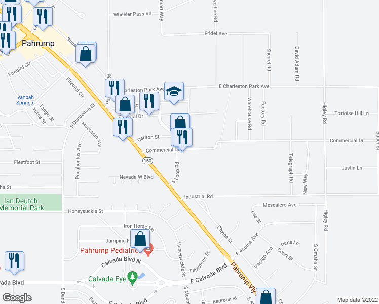 map of restaurants, bars, coffee shops, grocery stores, and more near 2341 Commercial Drive in Pahrump