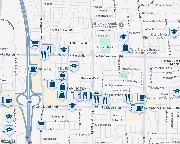 map of restaurants, bars, coffee shops, grocery stores, and more near 2204 Tall Pine Drive in Las Vegas