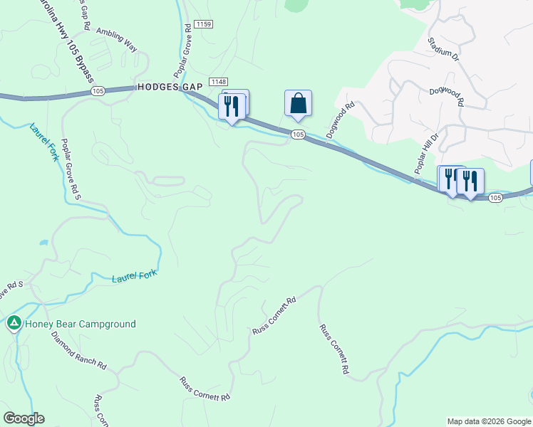 map of restaurants, bars, coffee shops, grocery stores, and more near 515 Snaggy Mountain Boulevard in Boone