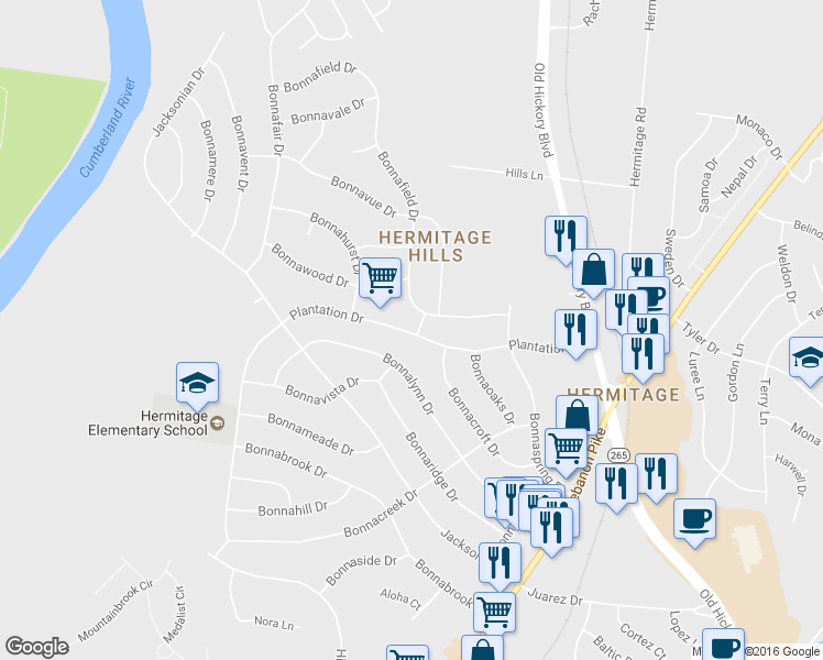 map of restaurants, bars, coffee shops, grocery stores, and more near 3932 Plantation Drive in Nashville