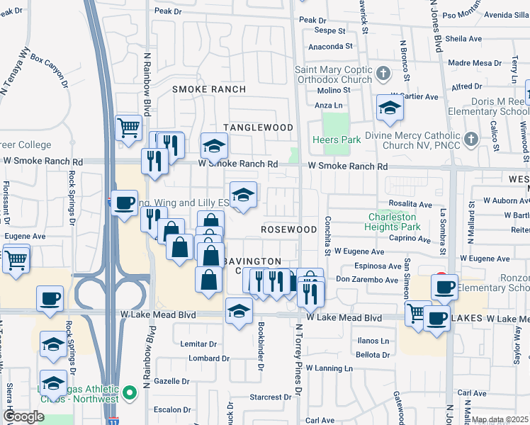 map of restaurants, bars, coffee shops, grocery stores, and more near 2204 Short Pine Drive in Las Vegas