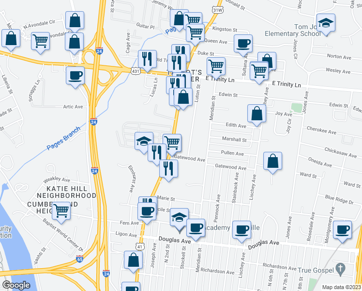 map of restaurants, bars, coffee shops, grocery stores, and more near 1505 Dickerson Pike in Nashville