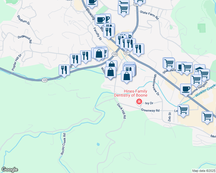 map of restaurants, bars, coffee shops, grocery stores, and more near 234 Rushing Creek Drive in Boone