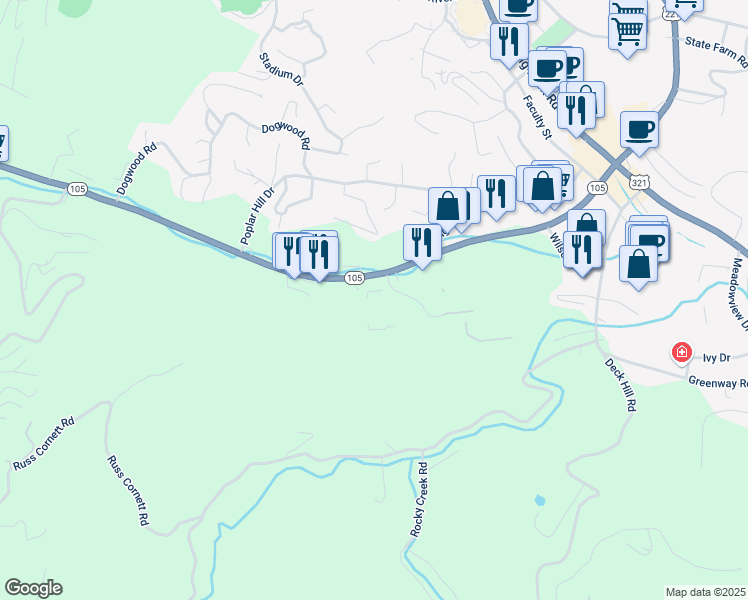 map of restaurants, bars, coffee shops, grocery stores, and more near in Boone