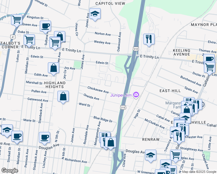 map of restaurants, bars, coffee shops, grocery stores, and more near 1130 Harmony Way in Nashville