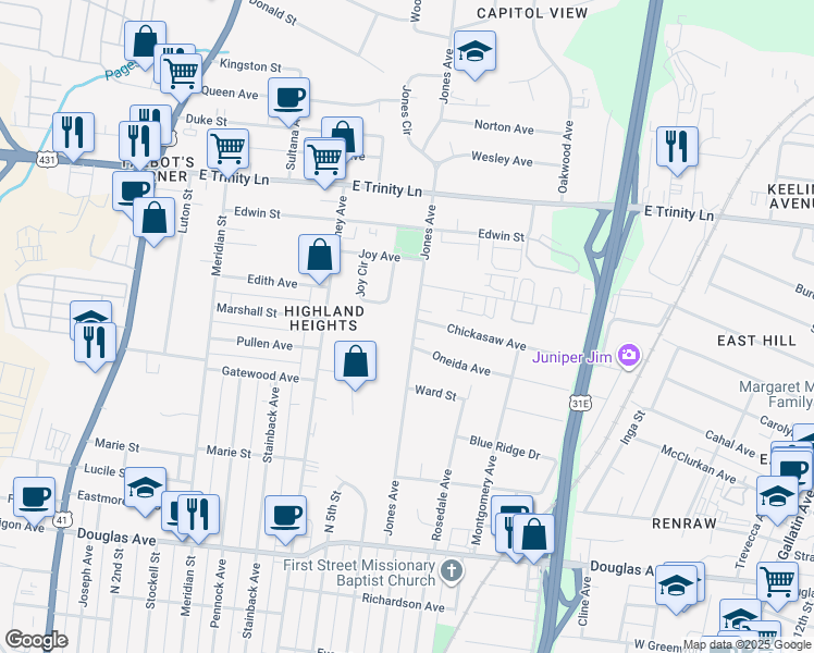 map of restaurants, bars, coffee shops, grocery stores, and more near 1514 Jones Avenue in Nashville