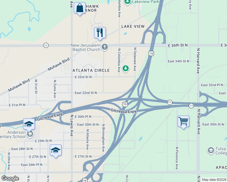 map of restaurants, bars, coffee shops, grocery stores, and more near 2639 East 32nd Street North in Tulsa
