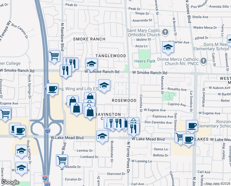 map of restaurants, bars, coffee shops, grocery stores, and more near 2212 Silver Pine Drive in Las Vegas