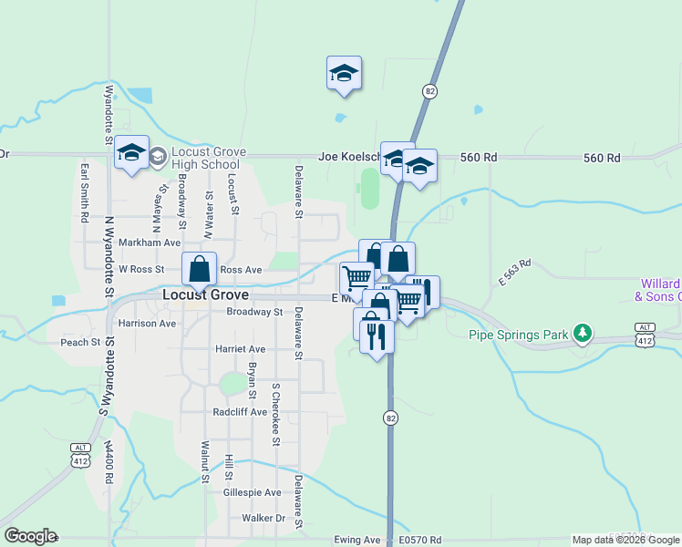 map of restaurants, bars, coffee shops, grocery stores, and more near 114 Maple Street in Locust Grove