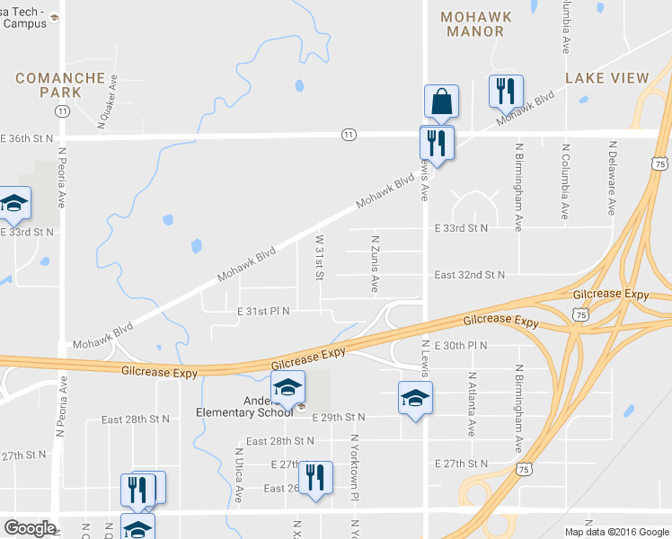 map of restaurants, bars, coffee shops, grocery stores, and more near 2101 East 32nd Street North in Tulsa