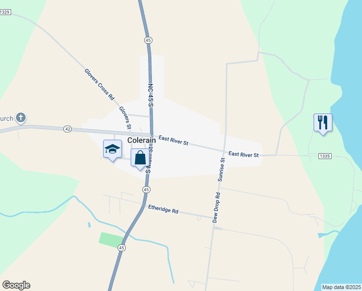 map of restaurants, bars, coffee shops, grocery stores, and more near 206 East River Street in Colerain