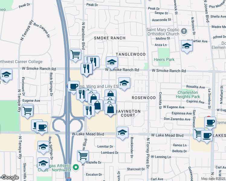 map of restaurants, bars, coffee shops, grocery stores, and more near 55 McRae Avenue in Las Vegas