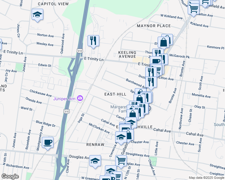 map of restaurants, bars, coffee shops, grocery stores, and more near 923A Delmas Avenue in Nashville