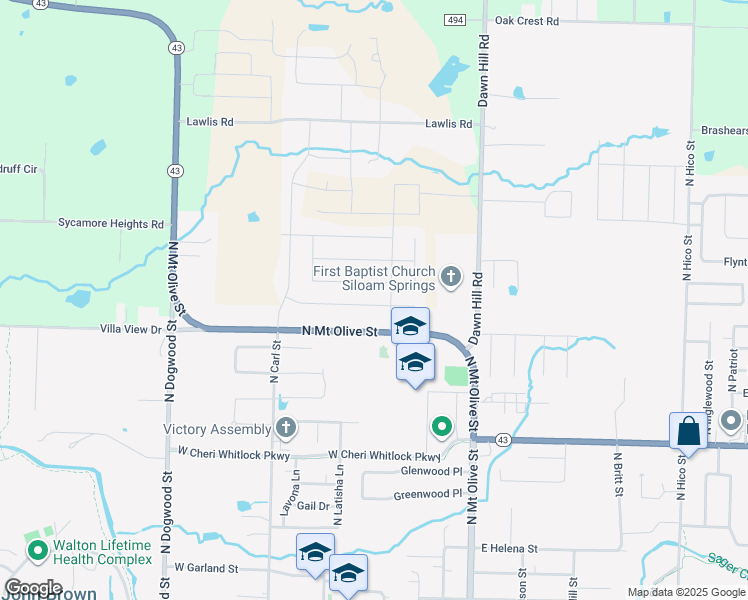 map of restaurants, bars, coffee shops, grocery stores, and more near 403 West Weymouth in Siloam Springs