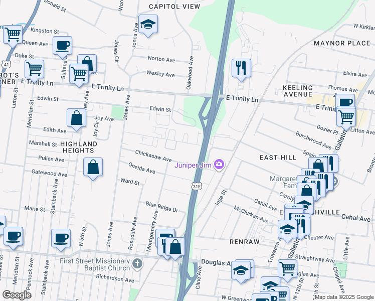 map of restaurants, bars, coffee shops, grocery stores, and more near 838 Cherokee Avenue in Nashville