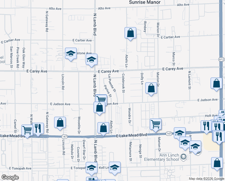 map of restaurants, bars, coffee shops, grocery stores, and more near 2278 La Puente Street in Las Vegas