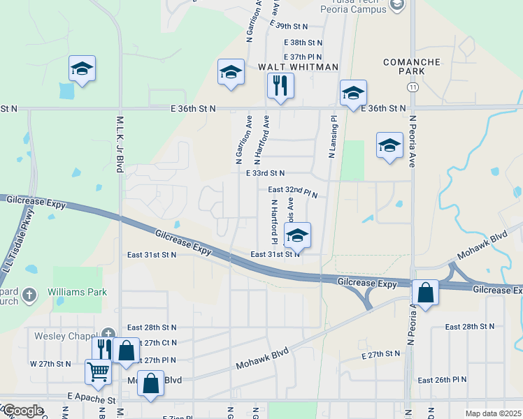 map of restaurants, bars, coffee shops, grocery stores, and more near 3211 North Hartford Avenue in Tulsa
