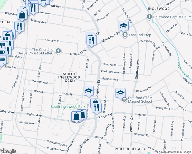 map of restaurants, bars, coffee shops, grocery stores, and more near 2103 Riverside Drive in Nashville