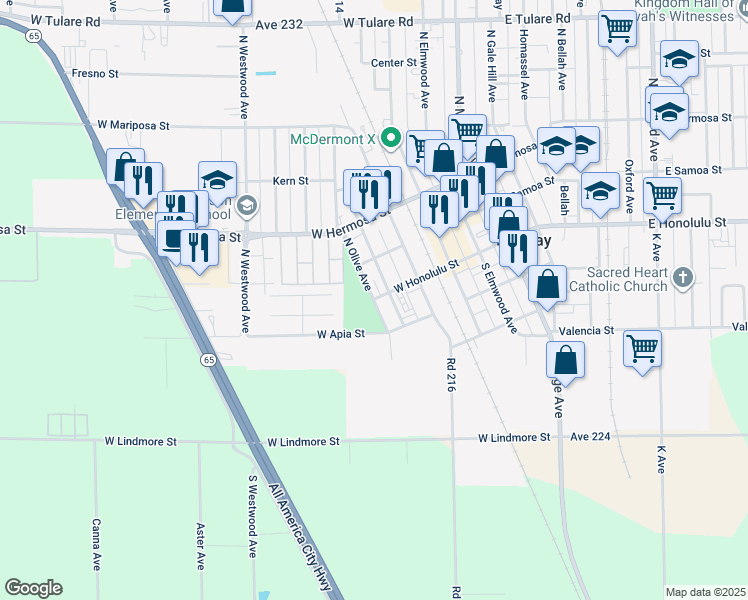 map of restaurants, bars, coffee shops, grocery stores, and more near 101 South Olive Avenue in Lindsay