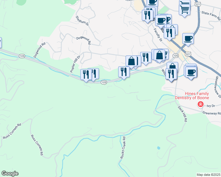 map of restaurants, bars, coffee shops, grocery stores, and more near 128 Crossing Way in Boone