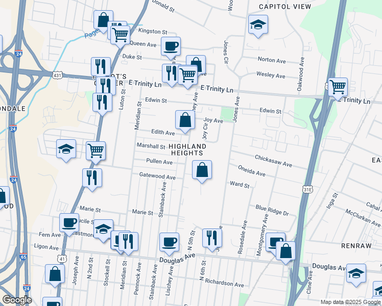 map of restaurants, bars, coffee shops, grocery stores, and more near 1605 Lischey Avenue in Nashville