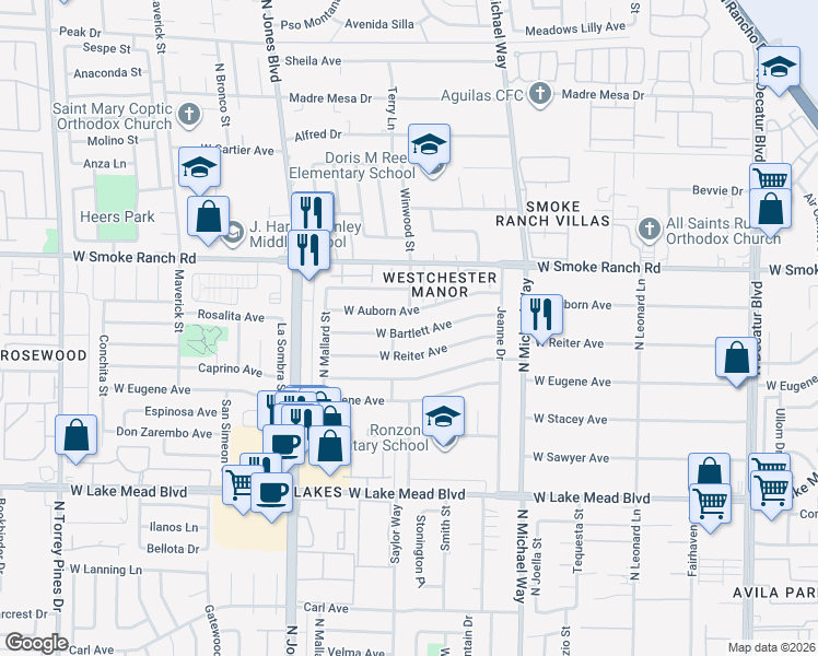 map of restaurants, bars, coffee shops, grocery stores, and more near 5708 West Bartlett Avenue in Las Vegas