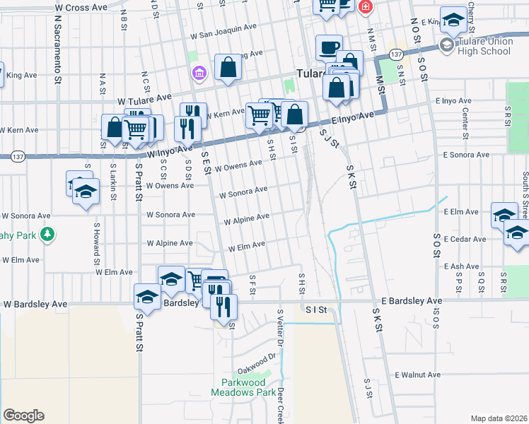 map of restaurants, bars, coffee shops, grocery stores, and more near 560 South G Street in Tulare