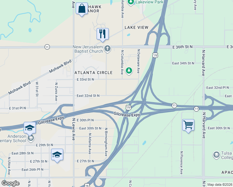 map of restaurants, bars, coffee shops, grocery stores, and more near 2639 East 32nd Street North in Tulsa
