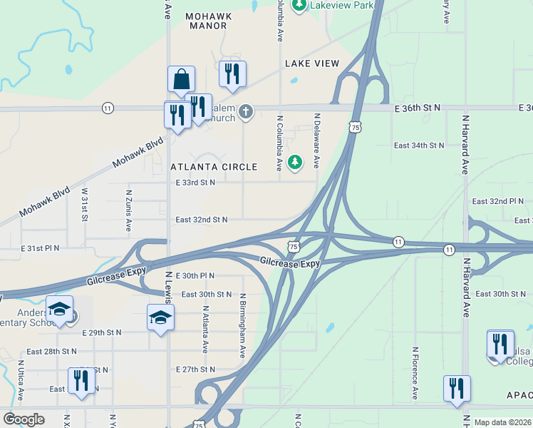 map of restaurants, bars, coffee shops, grocery stores, and more near 2639 East 32nd Street North in Tulsa