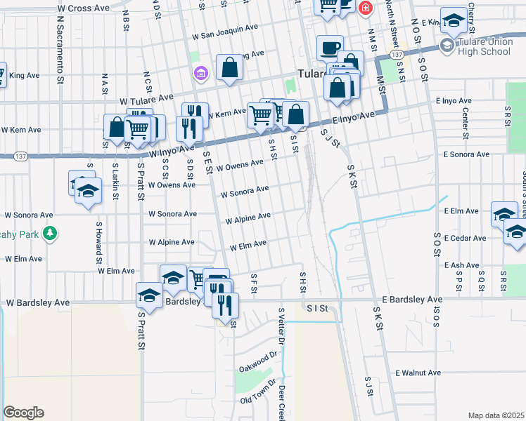 map of restaurants, bars, coffee shops, grocery stores, and more near 560 South G Street in Tulare