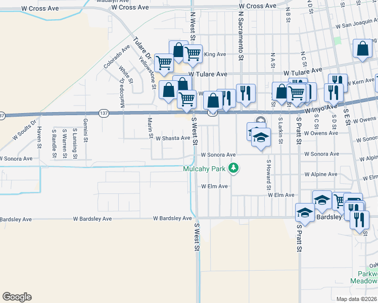 map of restaurants, bars, coffee shops, grocery stores, and more near 1402 W Sonora Ave in Tulare