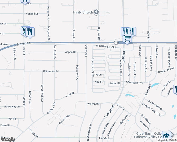 map of restaurants, bars, coffee shops, grocery stores, and more near 1301 Old West Avenue in Pahrump