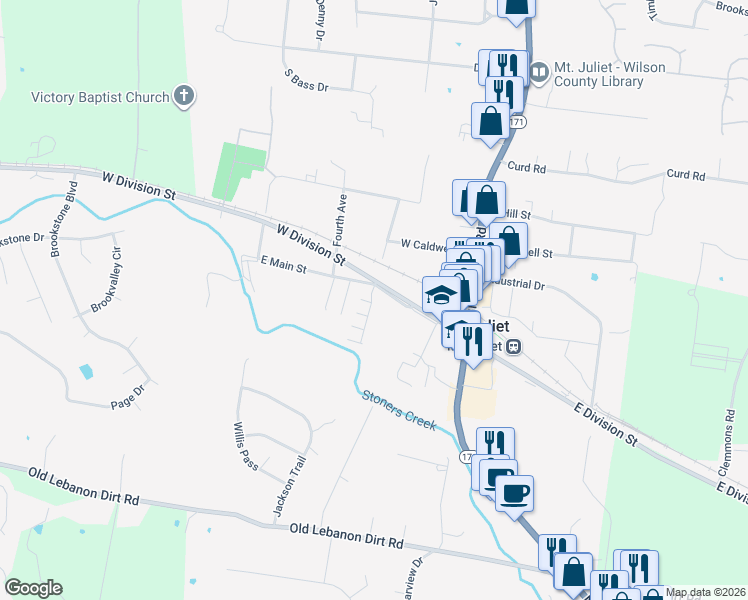 map of restaurants, bars, coffee shops, grocery stores, and more near 101 Hickory Station Lane in Mt. Juliet