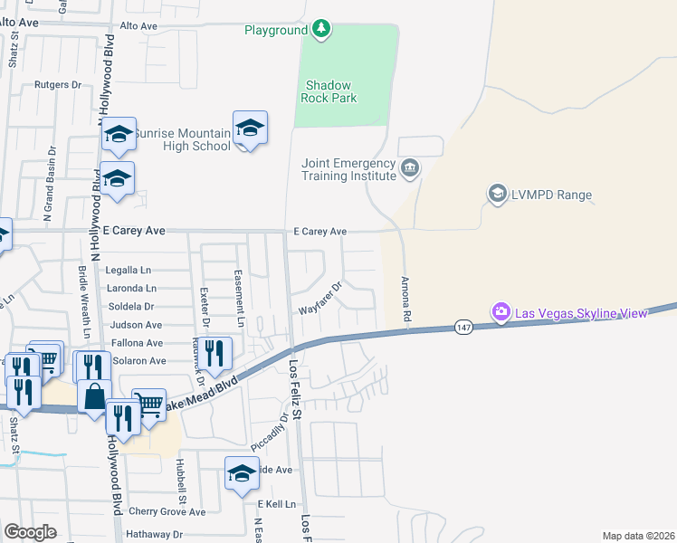 map of restaurants, bars, coffee shops, grocery stores, and more near 7208 Wayfarer Dr in Las Vegas