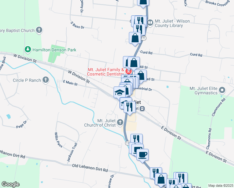 map of restaurants, bars, coffee shops, grocery stores, and more near 46 West Division Street in Mt. Juliet