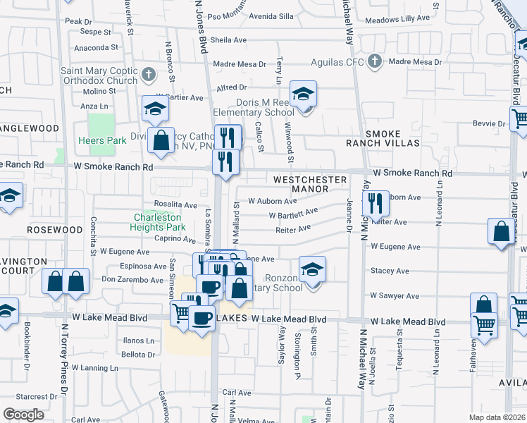map of restaurants, bars, coffee shops, grocery stores, and more near 5816 West Bartlett Avenue in Las Vegas
